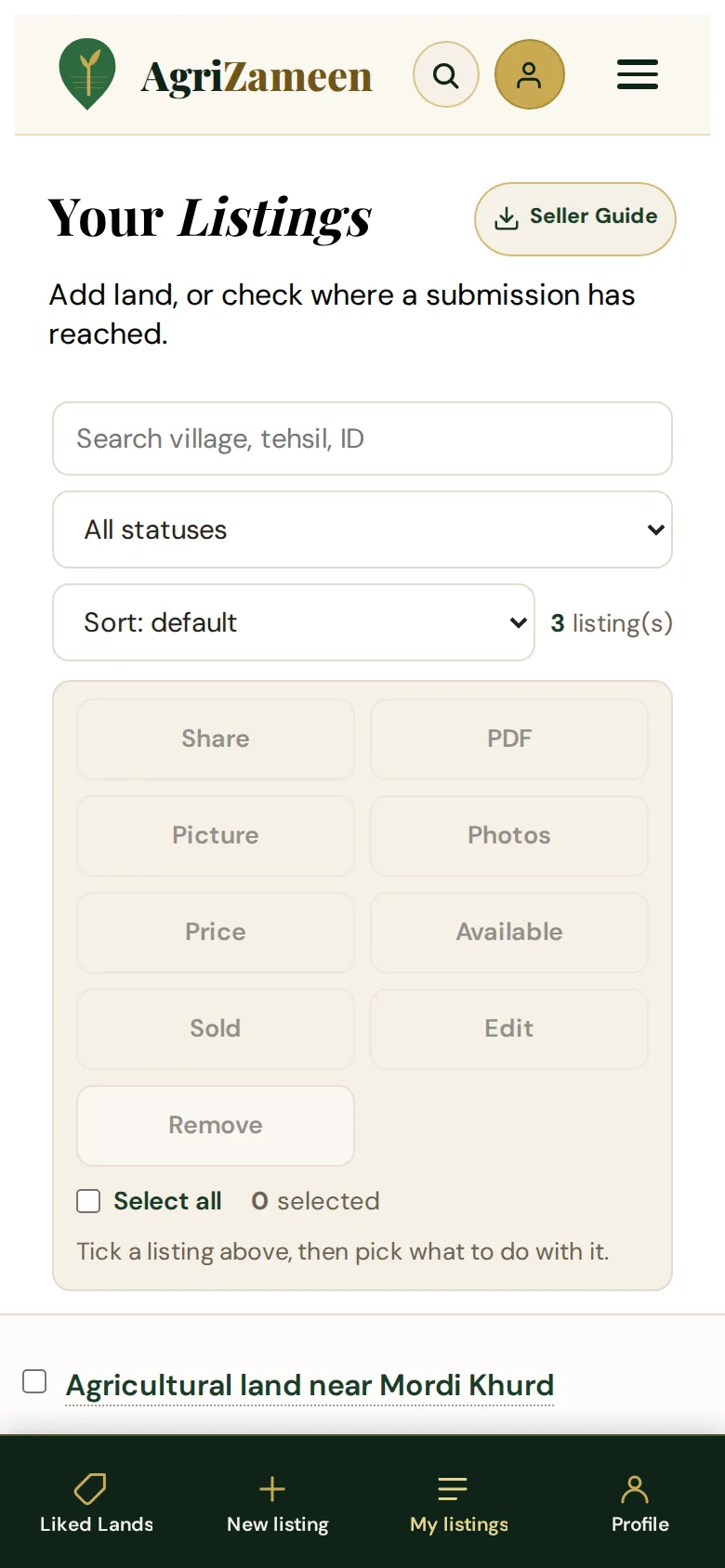 My listings — search, filter and sort, then tick listings and pick an action.