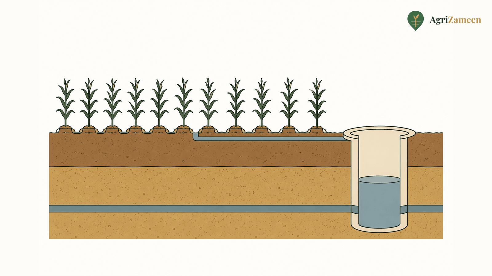 Diagram of chahi well-irrigated land — open well showing the water table and a channel to the crops