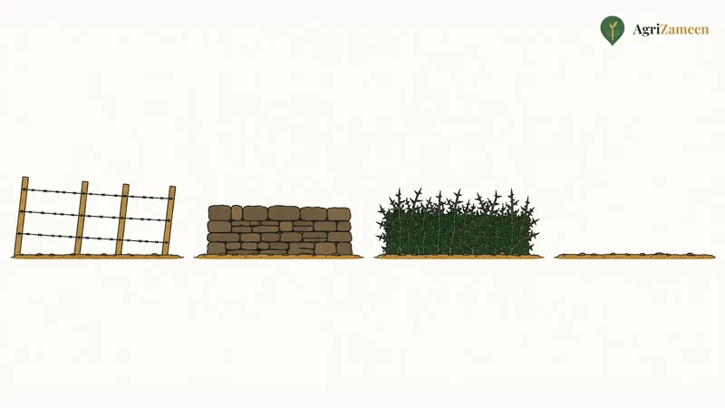 Wire, stone, hedge and open boundaries