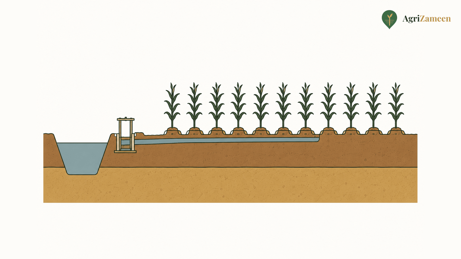 Diagram of nehri canal-irrigated land — canal, sluice gate and field channel feeding crop rows